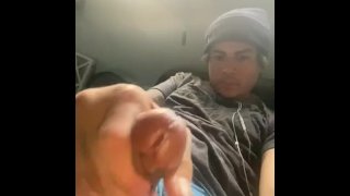 Latino stroking big dick with cock ring on 