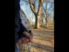 Had to piss but horny. Hard cock public pissing and cumshot outdoors. Piss then cum!