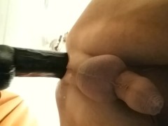 Riding Black Monster Didlo in a shower while along at home