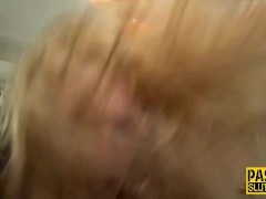 Kinky blonde gagging on dick