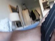 Preview 4 of Bearded and hairy college cub wanks on couch with dirty underwear he uses as a cum rag