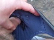 Preview 2 of My big thick dicks blows a white wad of cum in my undies with an uncut tradie out bush