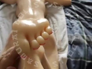 sex doll, cumshot, feet fetish, footjob