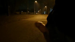 Teen guy jerking off on of the road at night