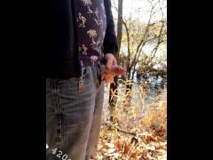 Ginger guy pissing outdoors 