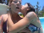 Preview 1 of I caught my girlfriend and my stepmom hottie making out in the pool and fucked them both