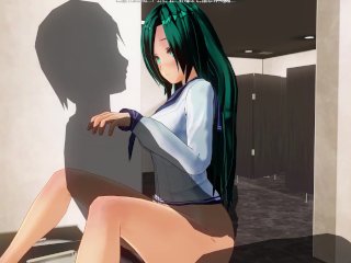 washroom, blue hair, hentai school, hentai fuck