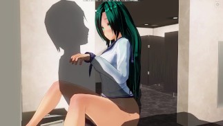 3D HENTAI девушка с синими волосами трахается в туалетной комнате