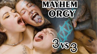 Mayhem 3 on 3 orgy, hardcore alt teen group fuck - anal, dp, blowjob, facial - alt, goth, punk, tatt