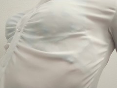 Crossdresser, light blue bra is seen through the blouse!
