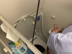 Business man touches himself and jerks off in the bathroom on a plane to Amsterdam (almost caught)