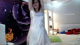 Redhead Dancing Tease Wearing A Satin White Dress And See-Through Underwear
