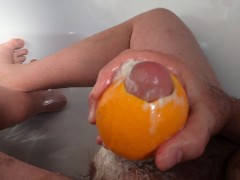Chastity Release Cum into Orange  Must Fuck Fruit Masturbation!