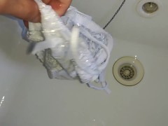 Peeing to side string lace panties.