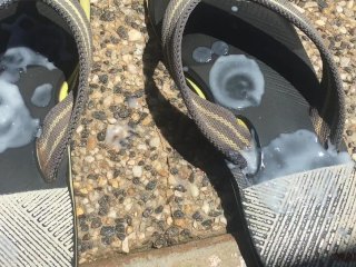 Neighbour fucking ejaculated into my flip flops! - Cum foot fetish