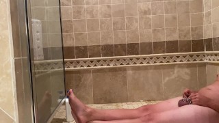 Chastity slave pisses ALL OVER legs and chest