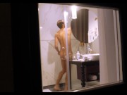 Preview 1 of Mature dude filmed from outside while taking a shower and jerking off his hard cock