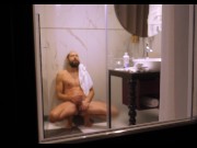Preview 6 of Mature dude filmed from outside while taking a shower and jerking off his hard cock