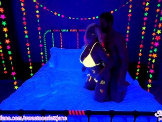 neon, black light, female orgasm, blonde