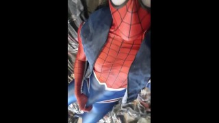 Spiderman Rubs One Of His Suit's Cums Out