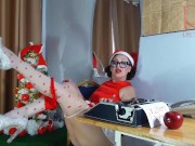 Preview 2 of Pretty lady secretary dressed as a gnome, Santa's assistant on Christmas eve. 3