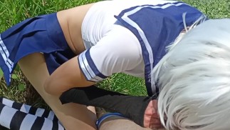 In public, sissy femboy greedily sucks cock