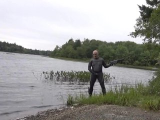 horny silicone masked exhibitionist has quick cum in lake