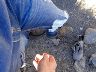 Public gay  jerk off outside risky, get caught