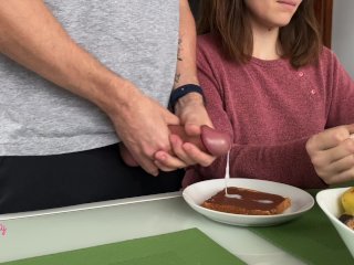 eating cum on food, dirty couple, babe, big dick