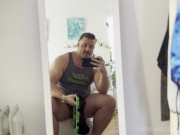 Preview 3 of Hairy muscle bear Koby Falks flogs his thick uncut cock and unloads onto a pair of Bonds briefs