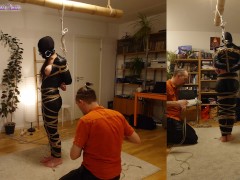 Girl in leather catsuit gets Shibari energy tied, suspended, nipple clamps. Real uncut play!