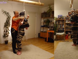 Girl in leather catsuit gets Shibari_energy tied, suspended, nipple clamps. Real_uncut play!