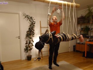 Girl in Leather Catsuit Gets Shibari_Energy Tied, Suspended,Nipple Clamps. Real Uncut_Play!