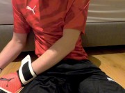 Preview 2 of Blond boy jerk off in soccer gear and come on the soccer gear from his boyfriend