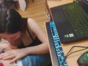 Preview 1 of Hot schoolgirl seduces and fucks her nerdy classmate - I suck his cock while he's playing on PC