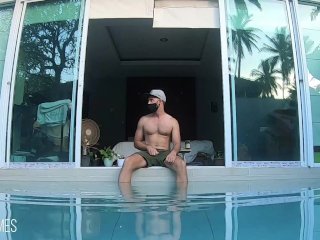 cumming outside, solo male, 60fps, pool