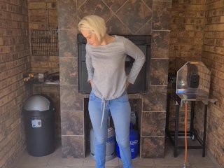 Blonde desperate jean pissing  Pants wetting