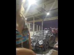 Sissy Washes Car in Womans Swim Suit in Public