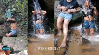 Large Natural Breasts Visible In A Public Outdoor Shower