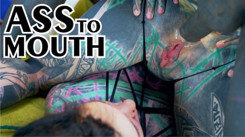 FFM TATTOO threesome, girls gape asses for tattooed dick - ATM, gapes, (goth, punk, alt porn)