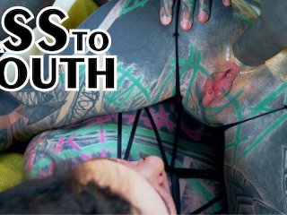 FFM TATTOO threesome, girls gape asses for tattooed dick - ATM, gapes, (goth, punk, alt porn)