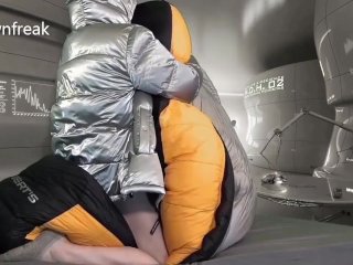 Giant Overfilled Mummy Bag_and Silver Super Puff Jacket Arousal Test_With Cum Covered_Ending
