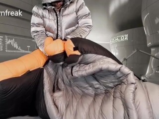Giant Overfilled Mummy Bag and Silver Super Puff Jacket Arousal Test with Cum Covered ending