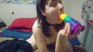While Moaning I'm Riding THICK Rainbow Dildo