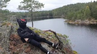 Нуждающийся волчонок расслабляется в лесу и дает себе хорошую дррочку