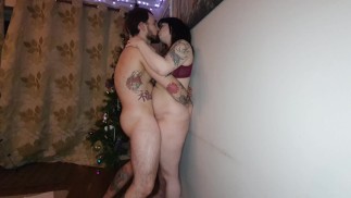 Horny MILF Wife Standing Fuck Creampie Next to the Christmas Tree - Side Cam