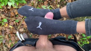 DIRTY Surprise SOCKJOB while Hiking. Naughty Teen 😈 - Puma Socks (outdoors, in public)