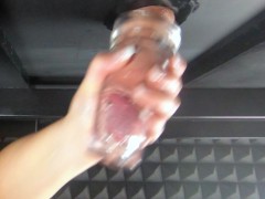 Massaging clients cock with a fuck sleeve (milking table) Loud stroking sounds with lots of cum.