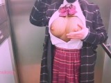 Schoolgirl teen strips naked in elevator after school almost caught by neighbors public masturb