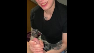 Skinny slut working my cock with sloppy head 
